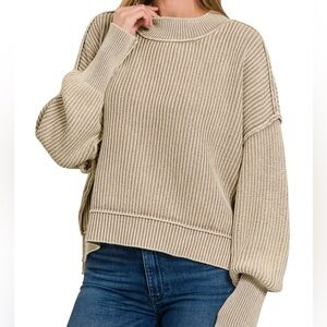 Zenana Outfitters Neutral Ribbed Balloon Sleeve Crew Sweater - Beige